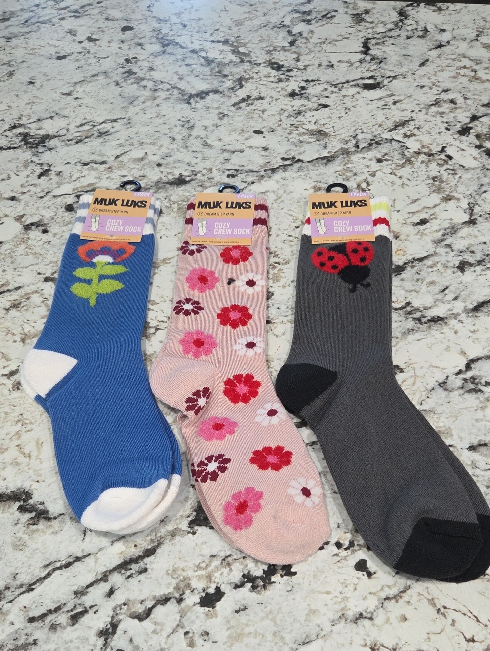 Muk Luks Floral, Flower & Ladybug Crew Socks - Blue, Pink, Gray 3 Pairs